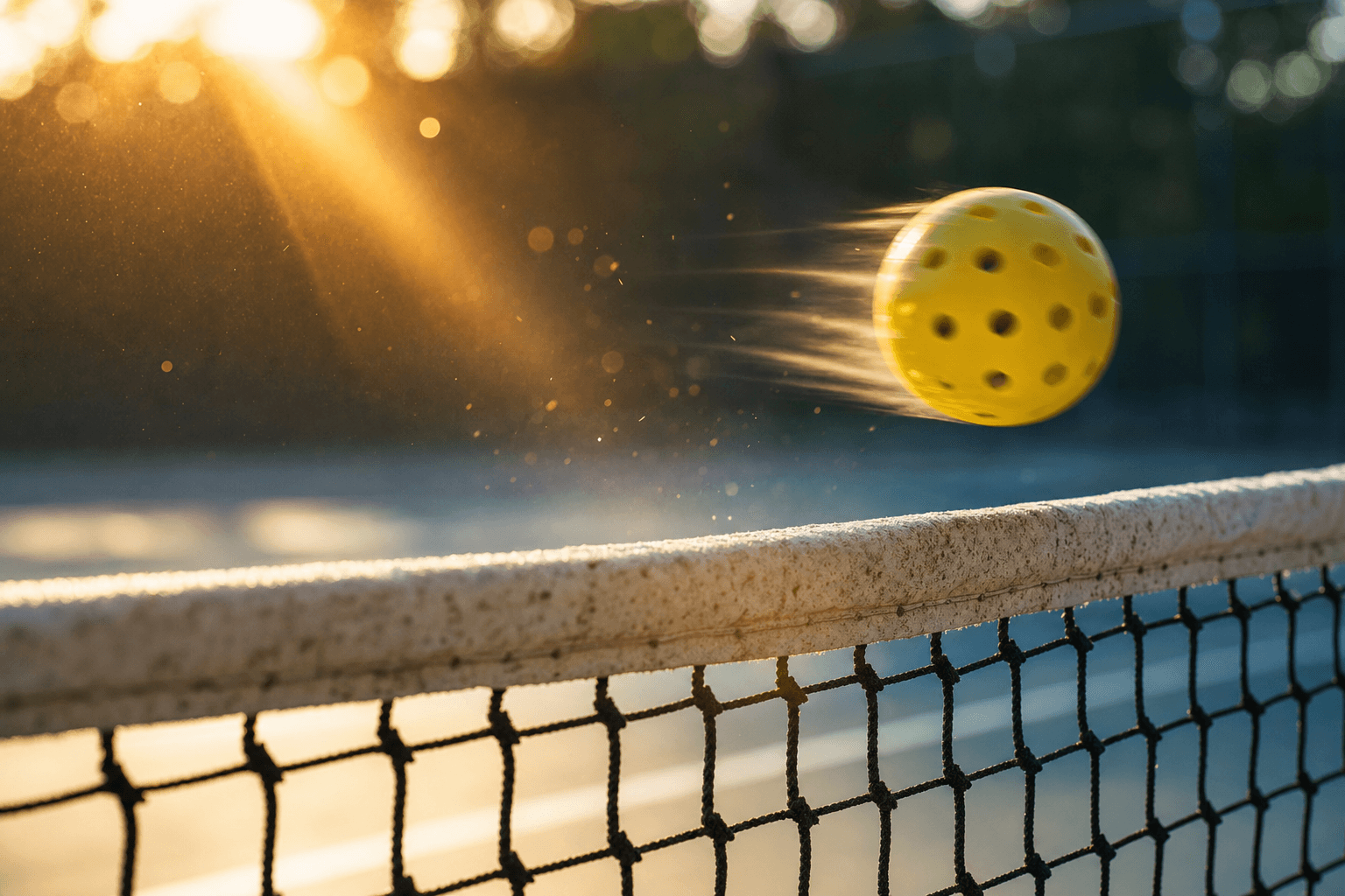 Pickleball mid-flight over the net