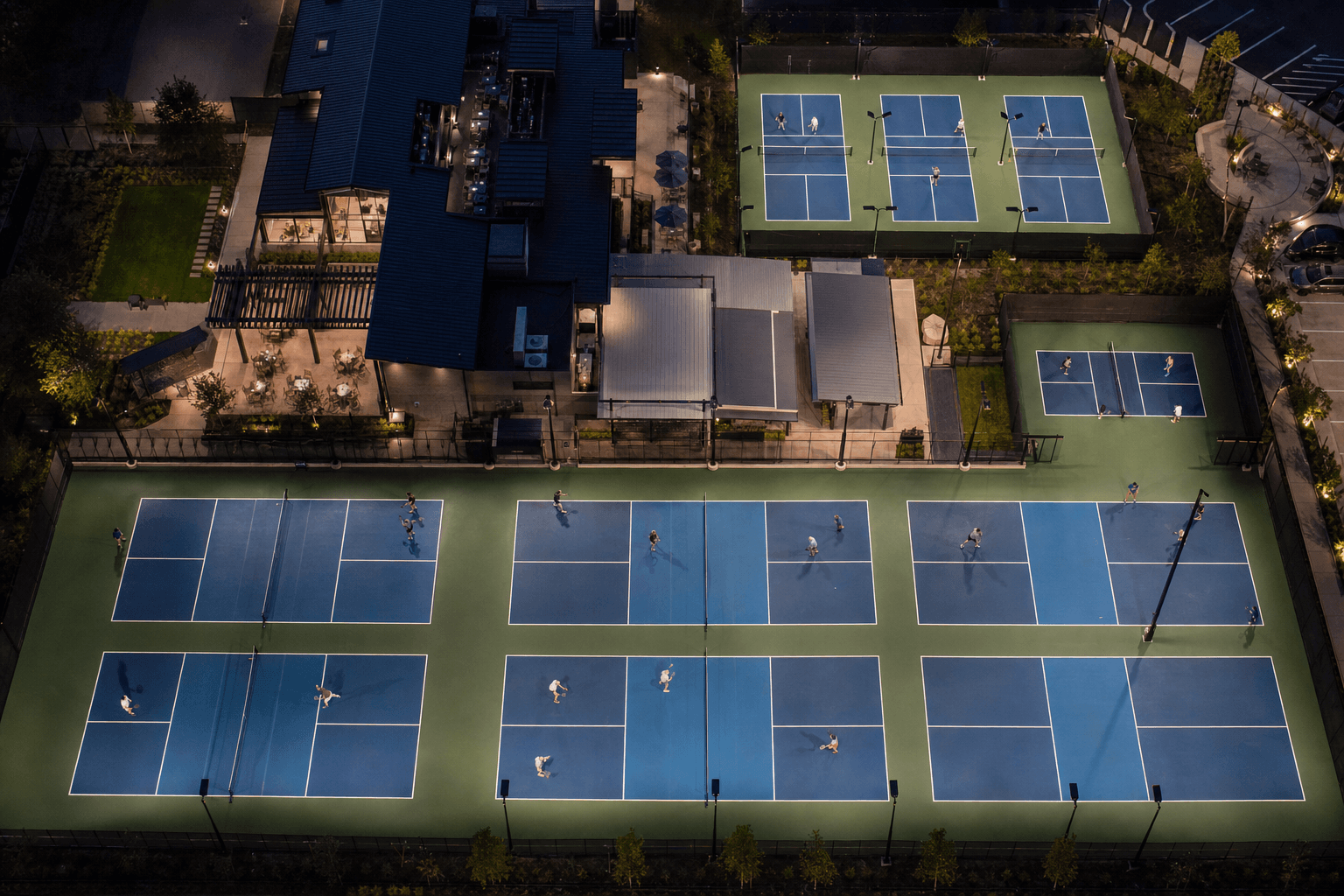 Aerial view of pickleball facility at night