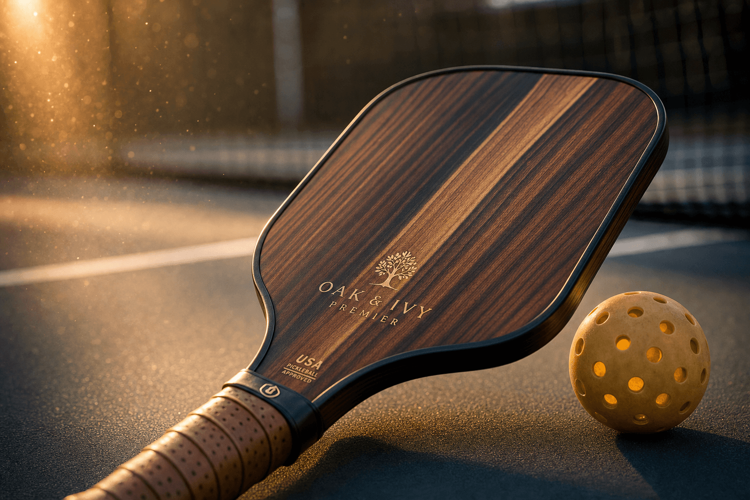 Premium pickleball paddle and ball detail